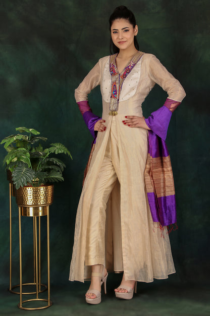 Elegant Cream Tissue Anarkali Suit with Dupion Silk Pant and Raw Silk Dupatta