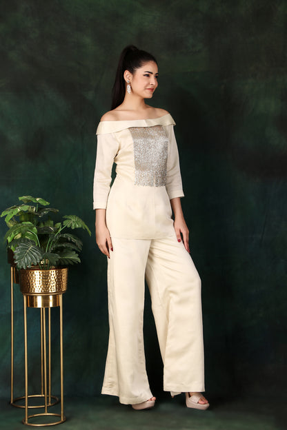 Festive Cream Off-Shoulder Palazzo Set with Silver and Gold Cutdana Detailing