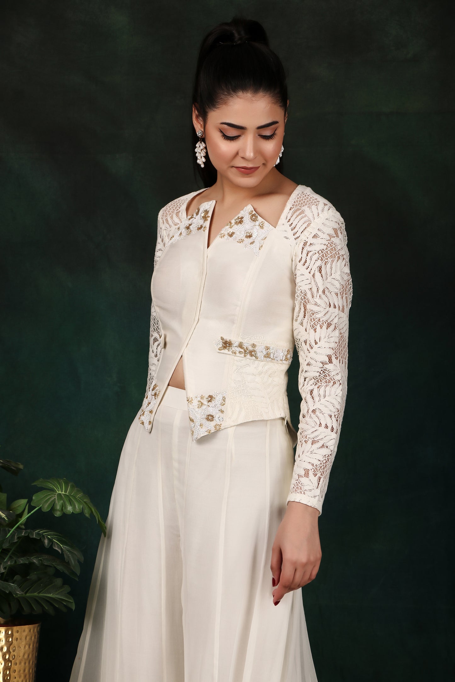Cream Indo-Western Set with Kali Chiffon Palazzo Zardozi Corset Top And Chandelier Sleeves