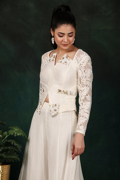 Cream Indo-Western Set with Kali Chiffon Palazzo Zardozi Corset Top And Chandelier Sleeves