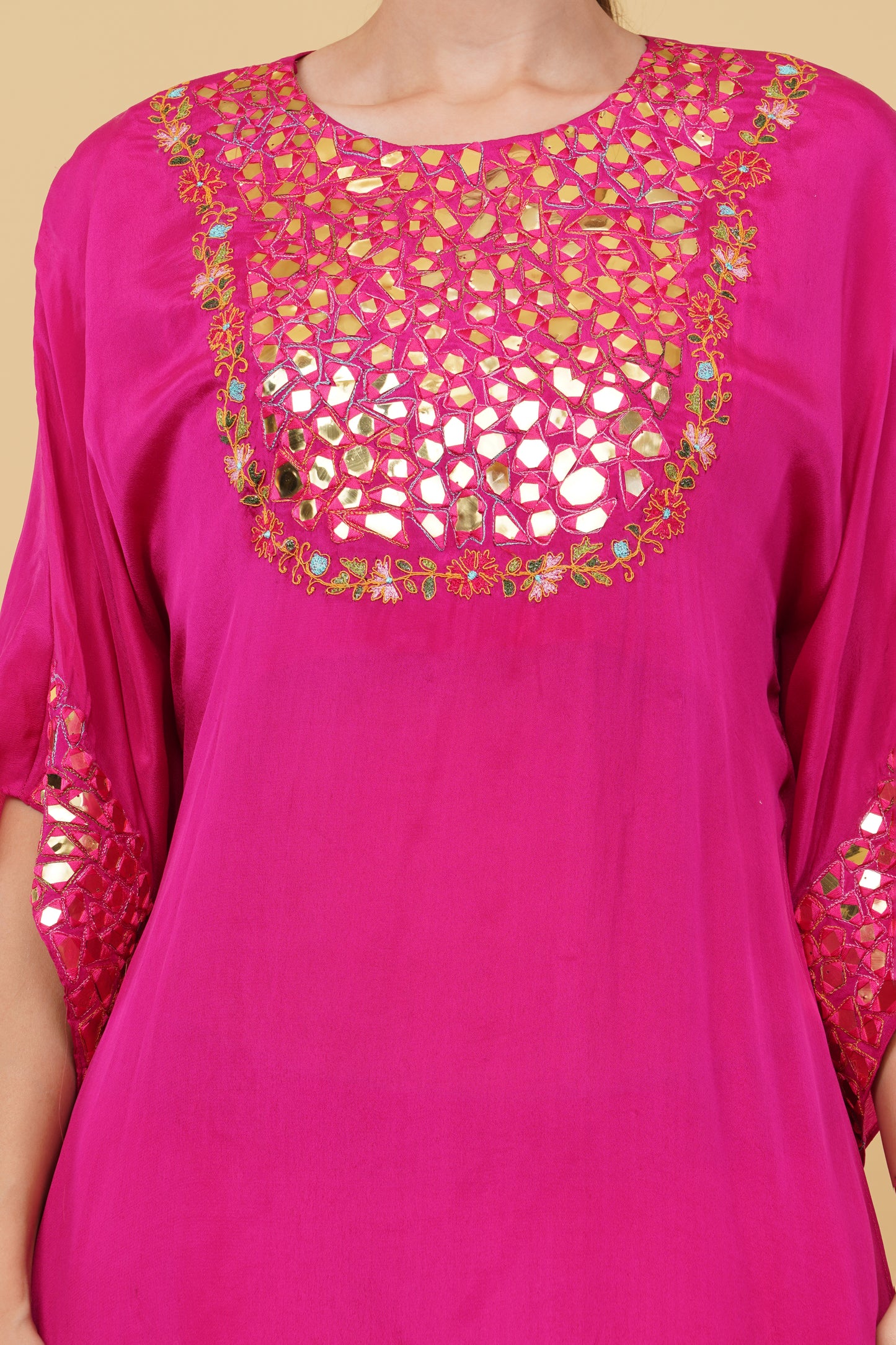 Magenta Kaftan Set with Heavy Mirror And Thread Work Neckline