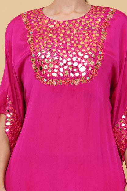 Magenta Kaftan Set with Heavy Mirror And Thread Work Neckline