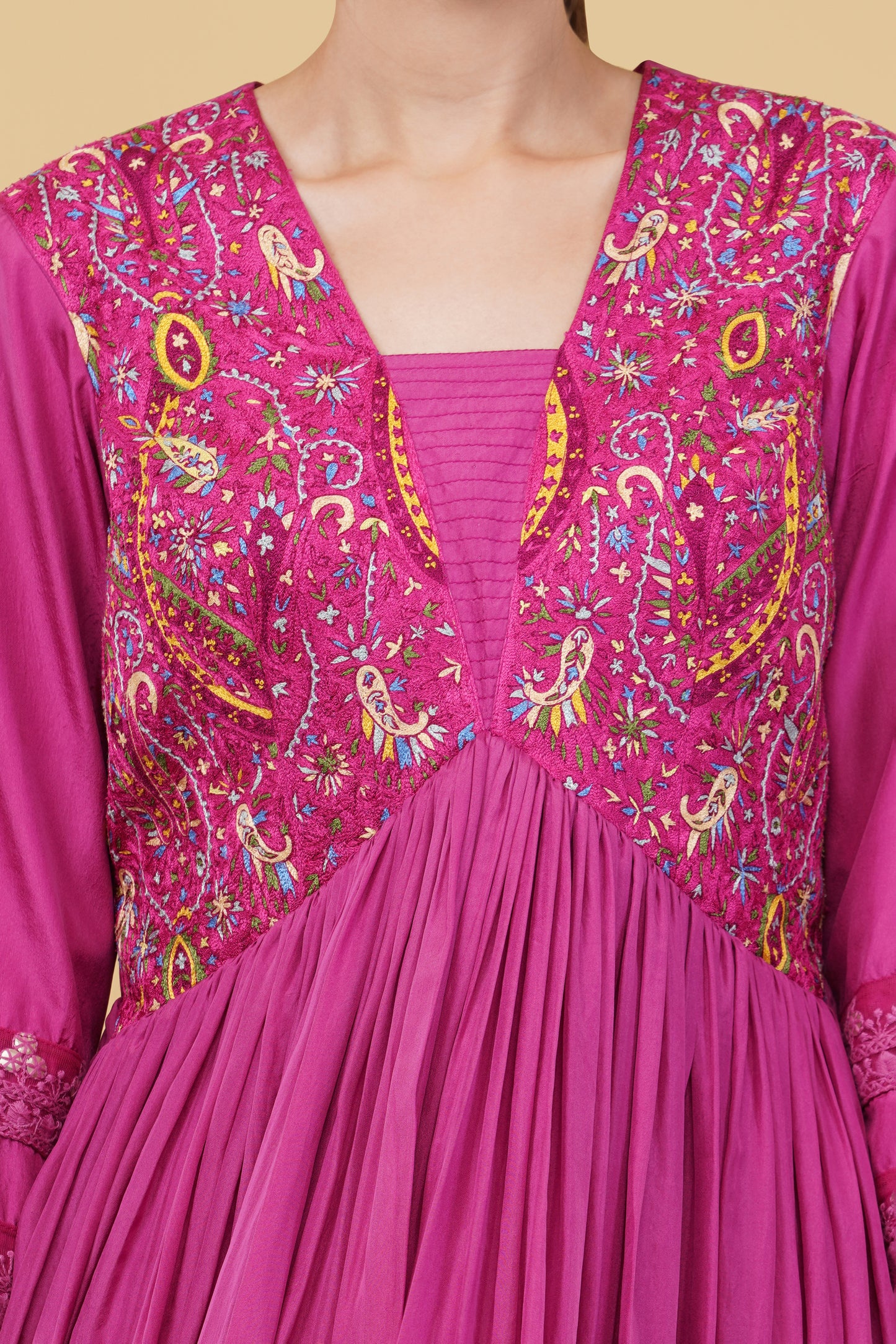 Festive Mauveish Pink Silk Anarkali with Kashmiri Embroidery on Yoke And Organza Dupatta