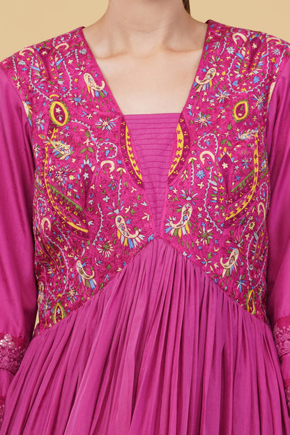 Festive Mauveish Pink Silk Anarkali with Kashmiri Embroidery on Yoke And Organza Dupatta