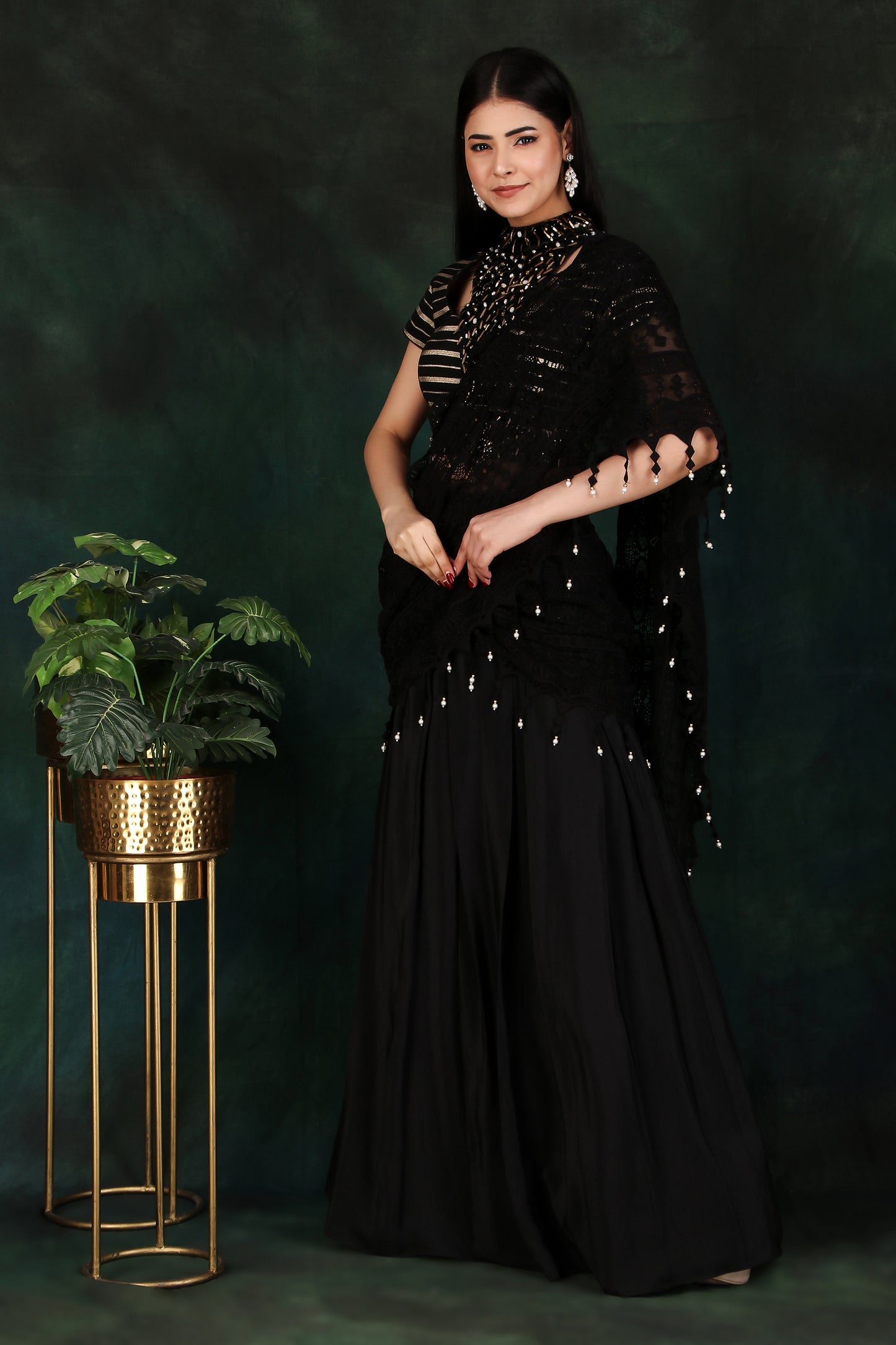 Black Box Pleat Saree With Fancy Cutdana Sequin And Metal Work Stripe Blouse