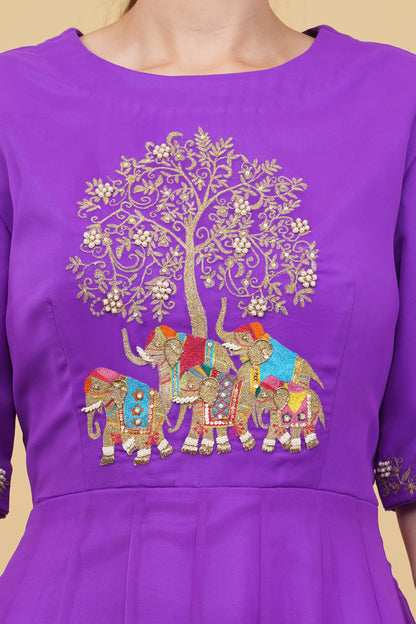 Designer Purple Anarkali Kurta Featuring Elephant Motif Handwork