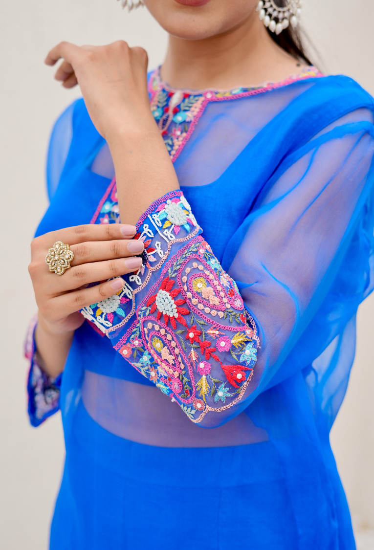 Royal Blue 3 Pc Set With Organza Kurta