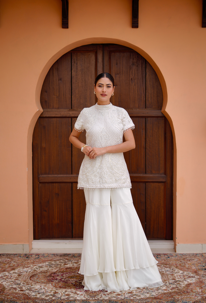 Off White 3 pc Heavy Short kurta With Layer Plazo