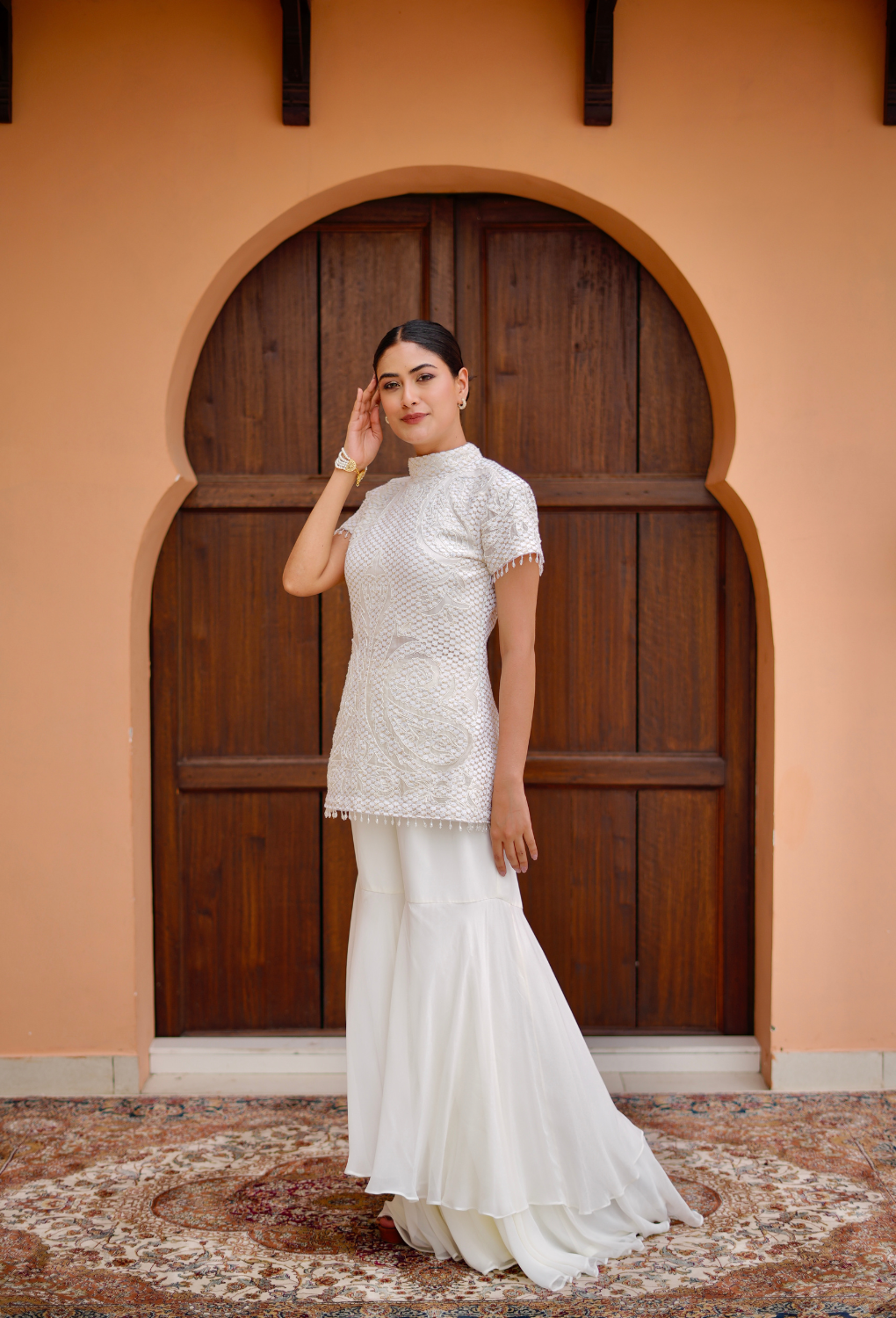 Off White 3 pc Heavy Short kurta With Layer Plazo