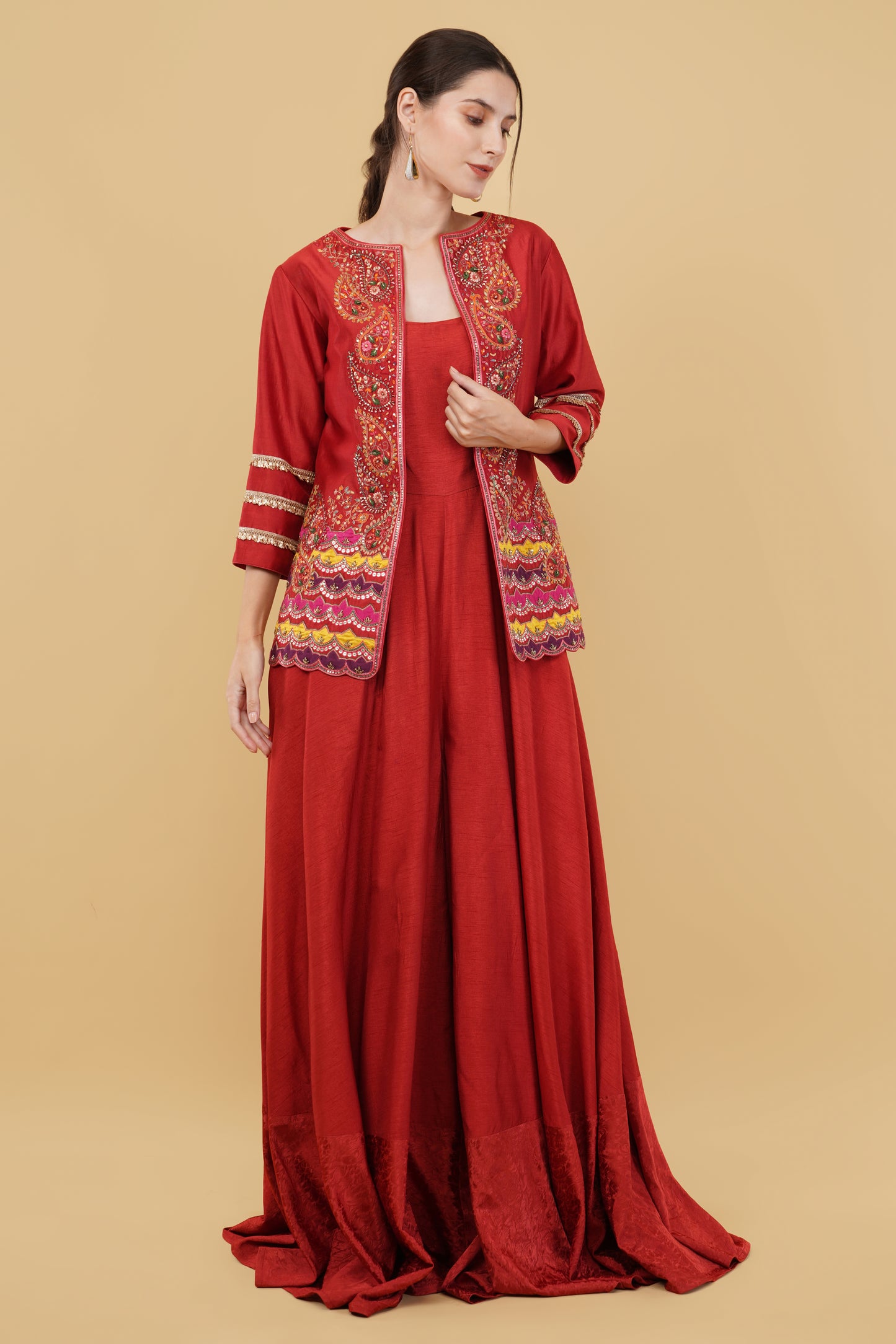 Elegant Red Jumpsuit Outfit with Intricate Thread and Pearl Embroidered Jacket