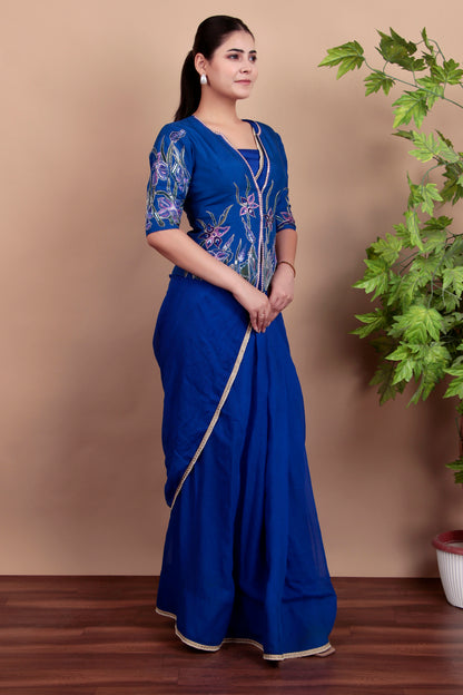 Festive Royal Blue Ensemble with Artistic Floral Jacket and Sequin Work