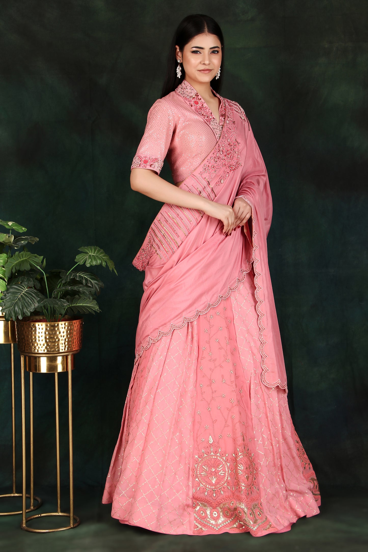Peach Lehenga Saree with Embroidered Collar Blouse and Handwork Silk Pallu