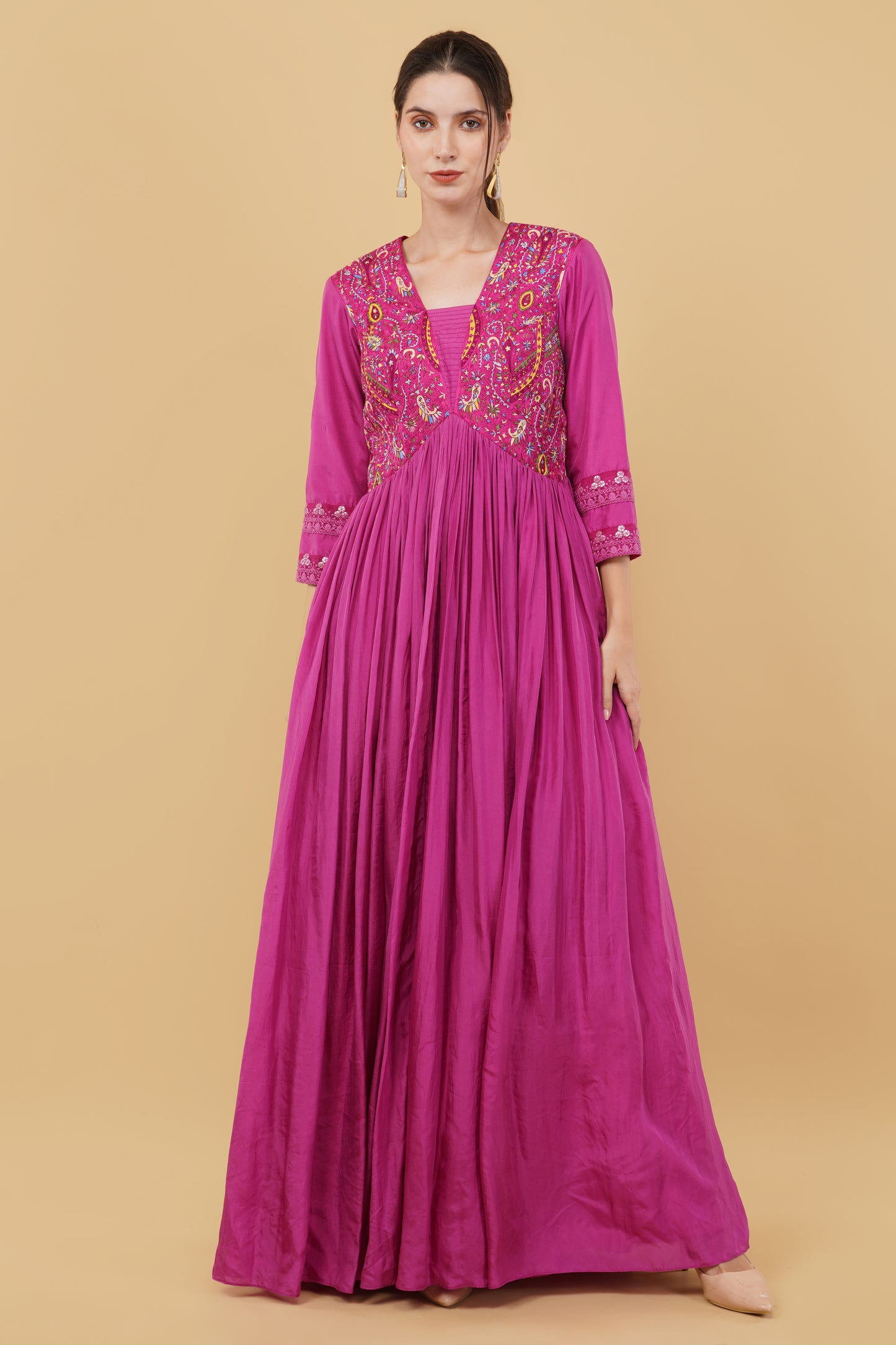 Festive Mauveish Pink Silk Anarkali with Kashmiri Embroidery on Yoke And Organza Dupatta