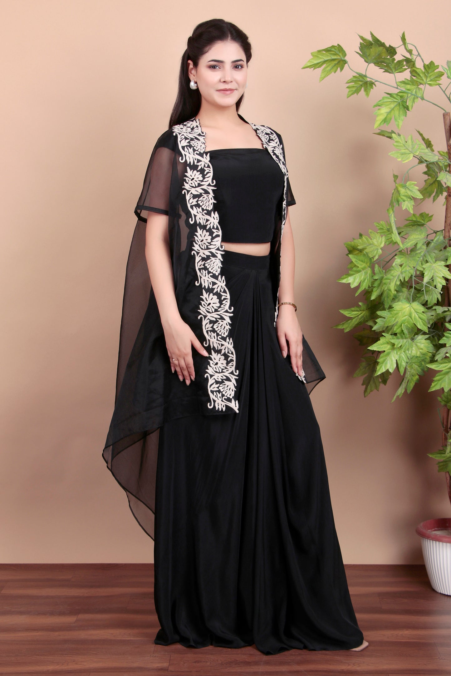Black Indo-Western Draped Set with Tube Top, Dhoti Skirt and Ivory Floral Embroidered Cape