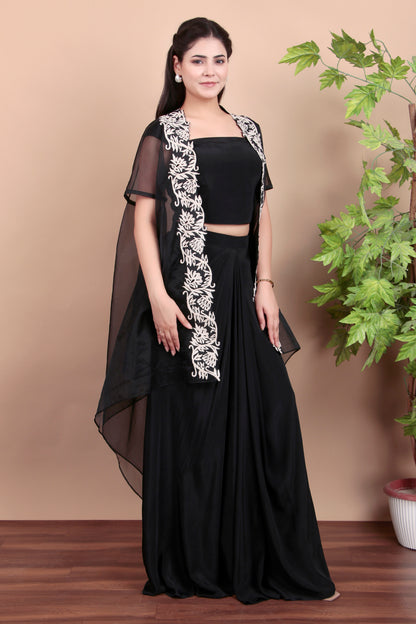 Black Indo-Western Draped Set with Tube Top, Dhoti Skirt and Ivory Floral Embroidered Cape