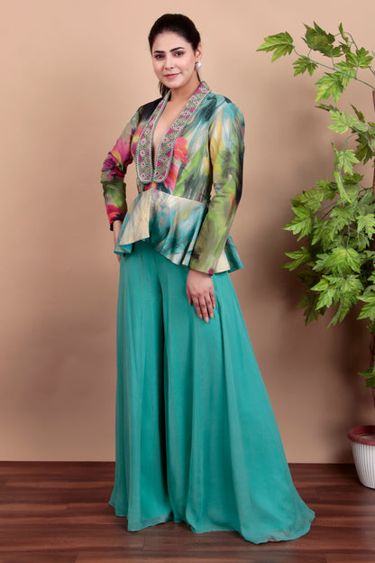 Floral Peplum Top With Embroidered Collar And Aqua Palazzo Pants