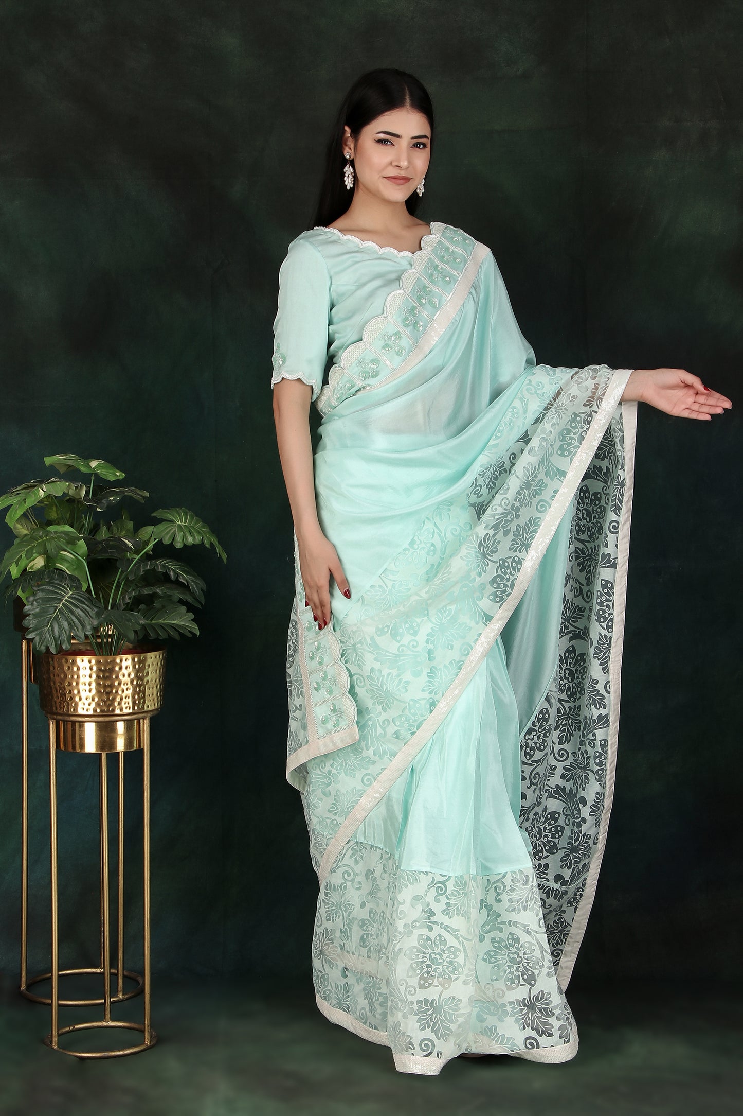Embroidered Aqua Saree Set with Organza Skirt & Sequin-Cutdana Blouse
