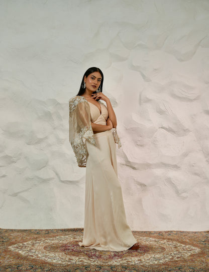 Elegant Beige Tissue Cape Outfit With Handwork Bustier And Satin Palazzo Pants