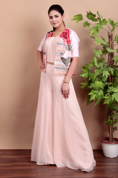 Blush Pink Indo-Western Set with Strapless Corset Flared Palazzo And Sequin Jacket