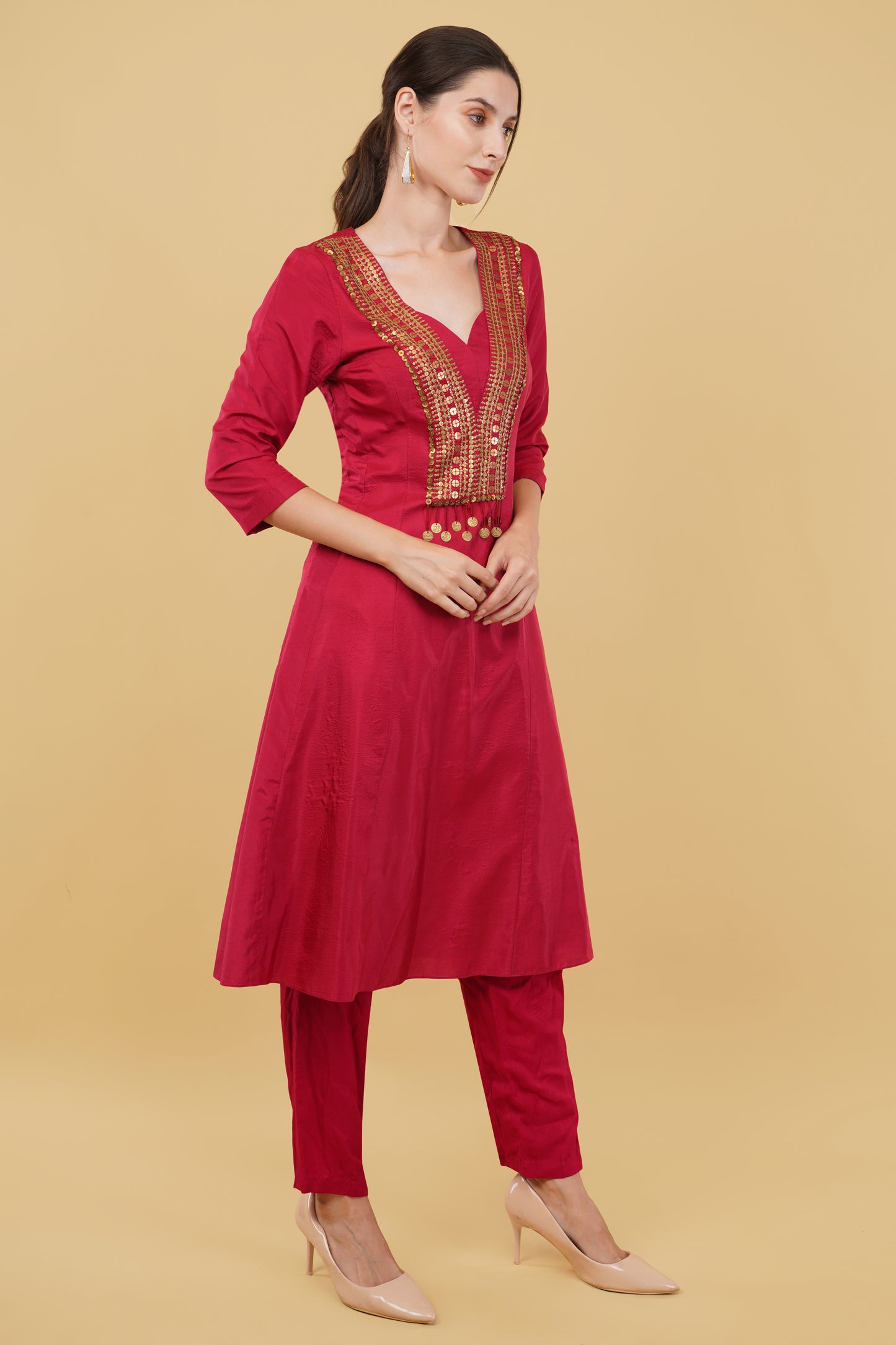 Red Silk A-Line Kurta Set with Heavy Metal Handworked Neckline