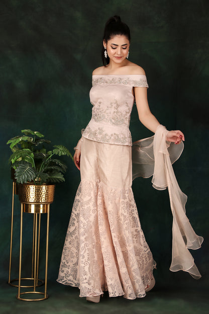 Designer Onion Pink Off-Shoulder Handcrafted Peplum Set with Organza Palazzo and Dupatta