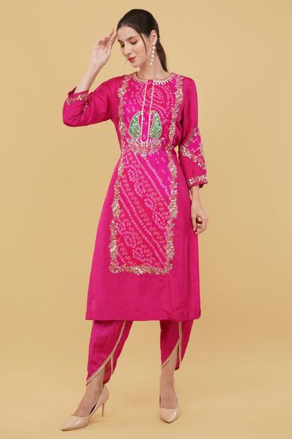 Elegant Magenta Silk Kurti with Colorful Thread Work and Matching Silk Dhoti