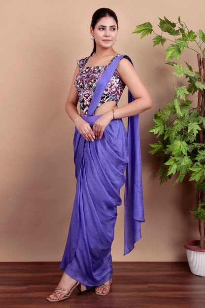 Luxury Draped Saree Ensemble with Hand-Embroidered Multicolor Blouse