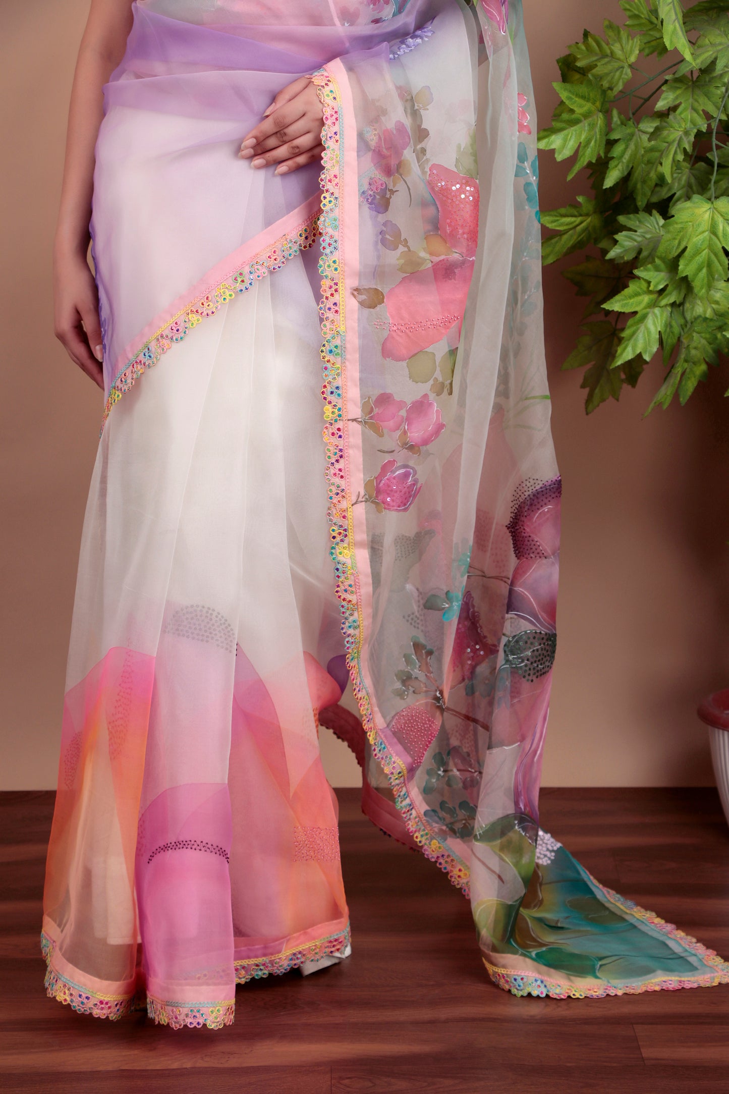 Pastel Organza Saree with Hand-Printed Floral Design And Lace Borders
