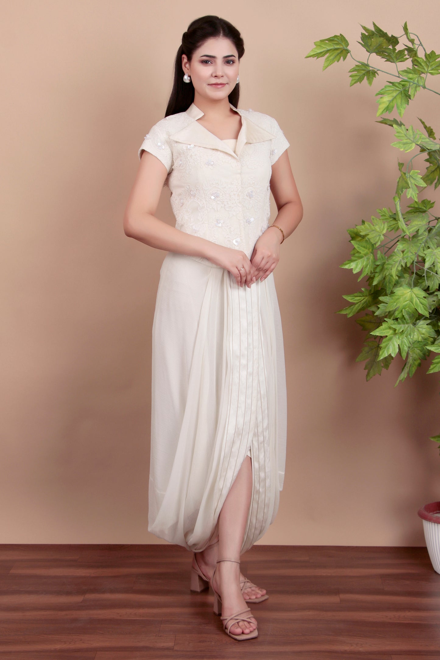 White Indo-Western Jacket Skirt Set with Sequin & Pearl Embroidery