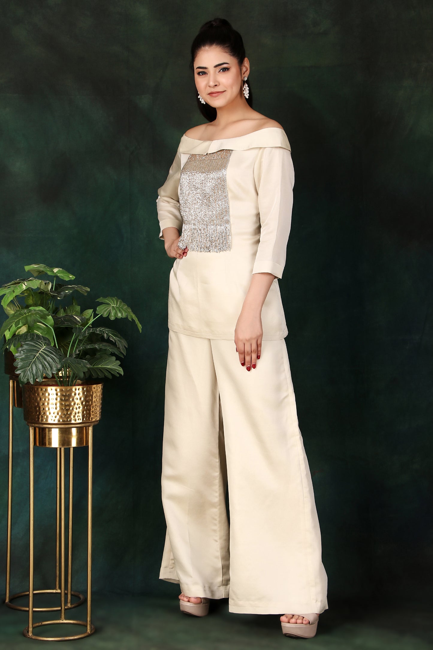 Festive Cream Off-Shoulder Palazzo Set with Silver and Gold Cutdana Detailing
