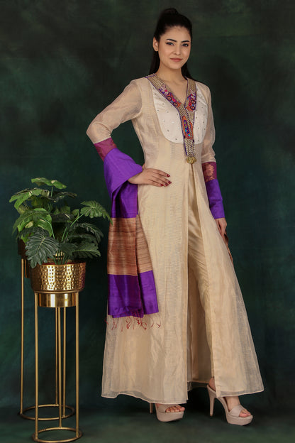 Elegant Cream Tissue Anarkali Suit with Dupion Silk Pant and Raw Silk Dupatta