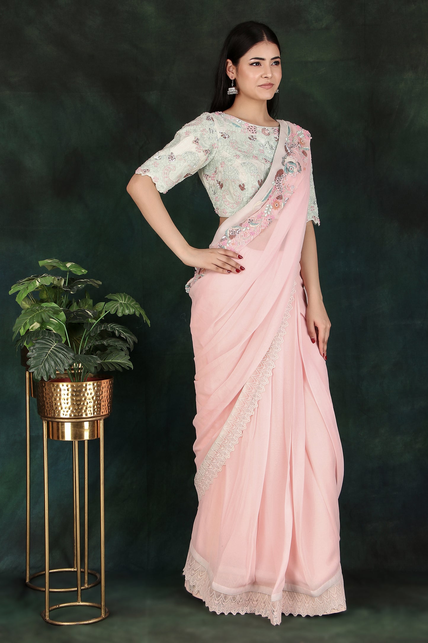 Festive Pink Saree With Detailed Pallu And Full Zaal Handwork Aqua Contrast Blouse
