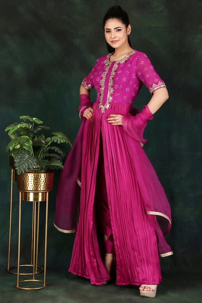 Magenta Flared Anarkali Set Featuring Gota Patti Detailing and Organza Dupatta