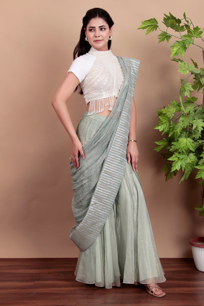 Pastel Green Fusion Plazo Saree with Hand-Embroidered Pallu and Bead-Work Blouse