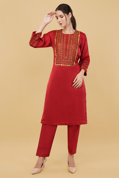 Red Suit Set with Heavy Metal Coin Work on Neckline and Sleeves