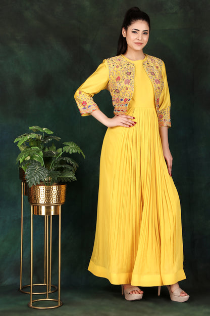 Yellow Georgette Anarkali Suit with Thread Dori And Sequin Work Jacket