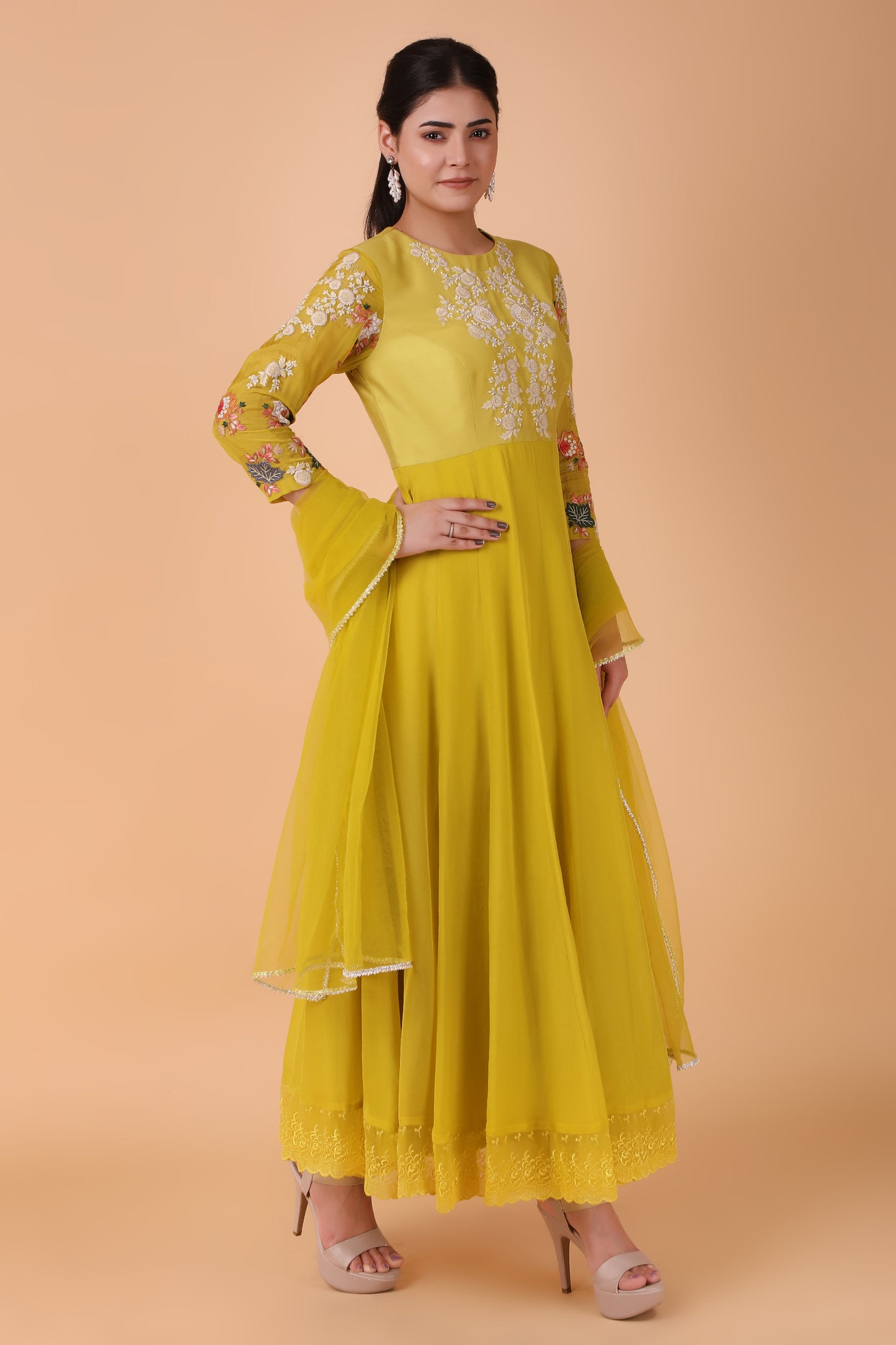 Luxury Mustard Angrakha Anarkali With Pearl Cutdana Sequin And Gota Patti Handwork