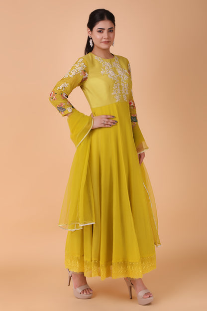 Luxury Mustard Angrakha Anarkali With Pearl Cutdana Sequin And Gota Patti Handwork