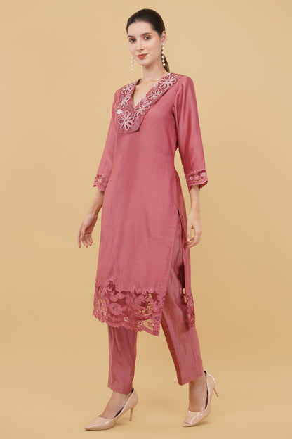 Elegant Salmon Straight Suit with Cutwork Front Panel and Pants
