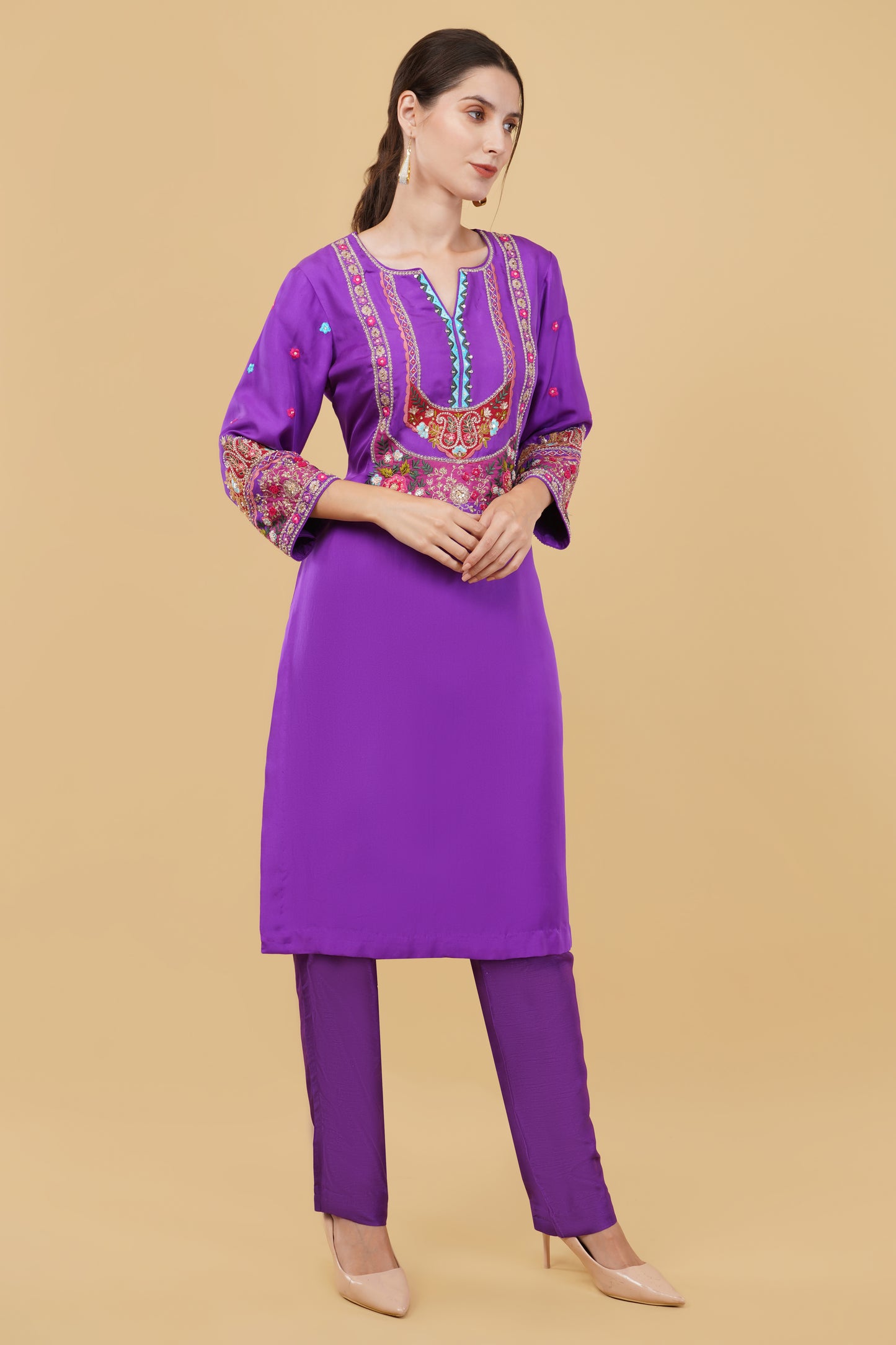 Elegant Purple Silk Straight Kurta with Heavy Dabka, Thread Sequin And Dori Embroidery