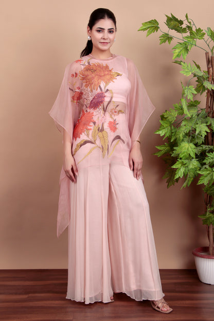 Pastel Pink Indo-Western Palazzo Set with Floral Organza Top