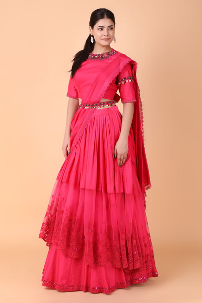 Magenta Handwork Drape Saree Set With High-Low Pallu and Belted Blouse