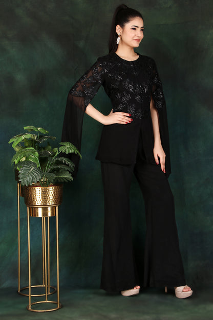 Black Sequin Corset Set with Slit Sleeves for Party And Cocktail Wear