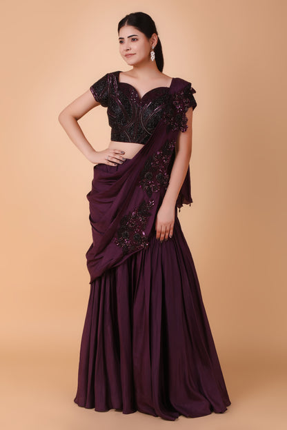Luxury Purple Draped Saree in Pure Silk with Heavy Embellishment and Handworked Blouse
