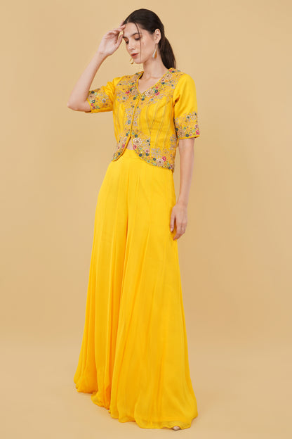 Elegant Yellow Georgette Plazo Set with Ornate Metallic and Dori Work Jacket