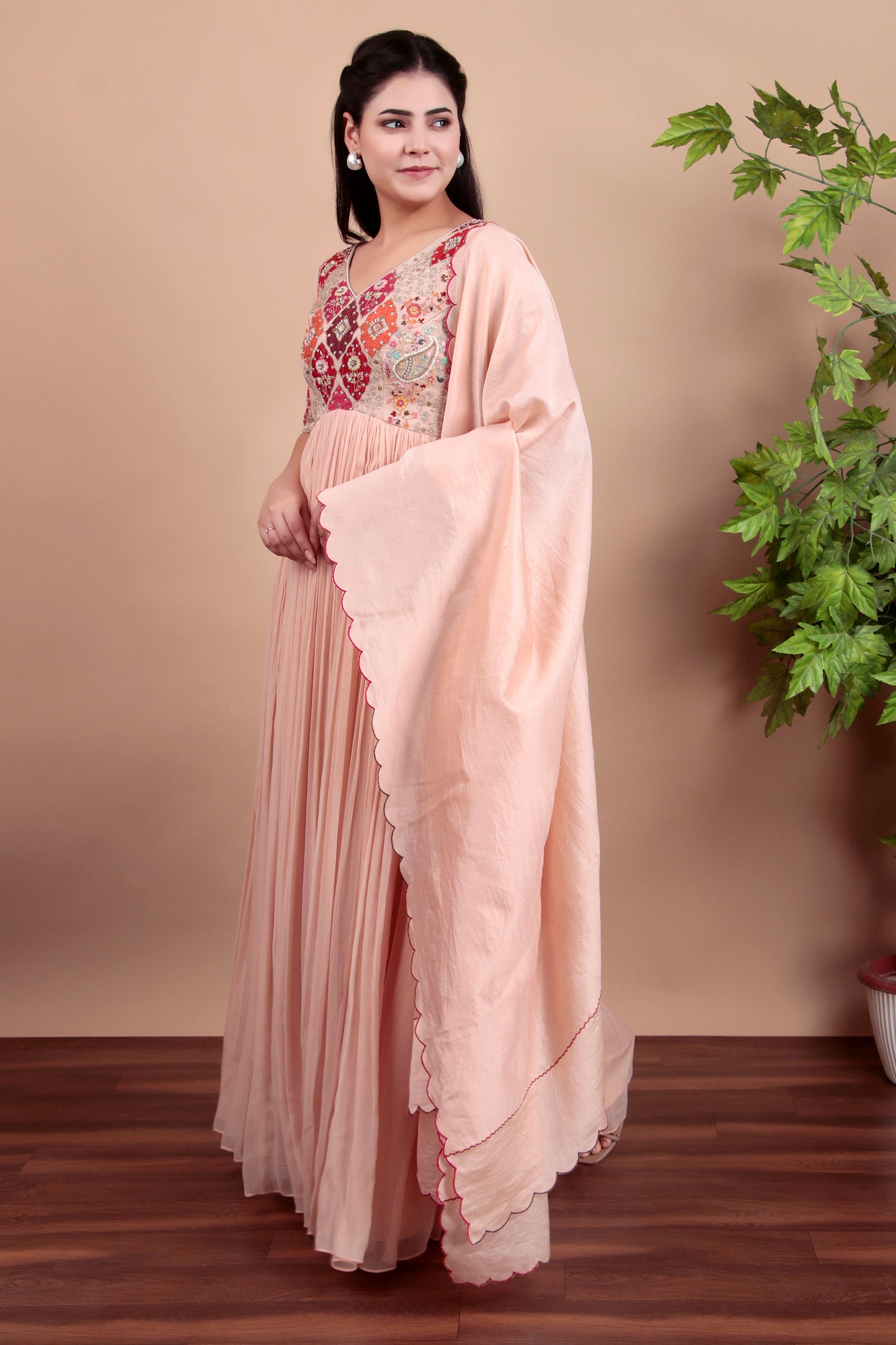 Peach Anarkali Suit with Heavy Dabka Sequins And Pearl Embellished Yoke