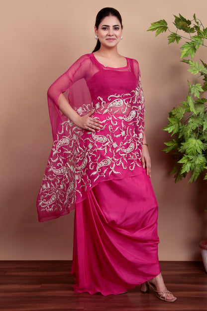 Magenta Indo-Western Drape Dhoti Set with Handworked Organza Cape