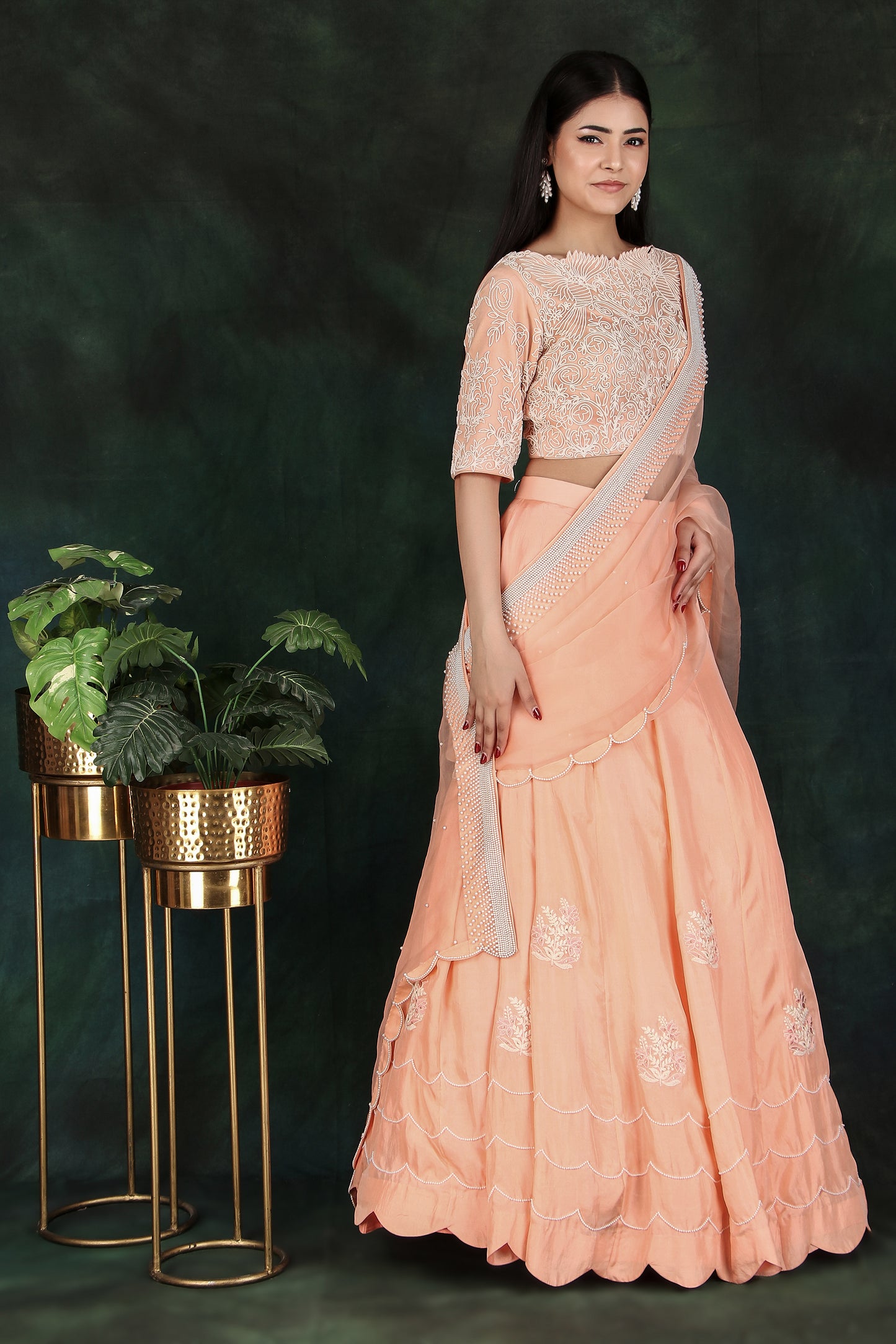 Peach Organza Pallu Lehenga Saree in Silk with Intricate Pearl Handcrafted Blouse