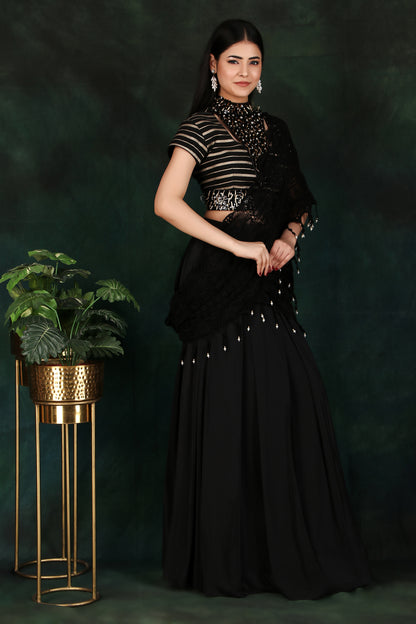 Black Box Pleat Saree With Fancy Cutdana Sequin And Metal Work Stripe Blouse