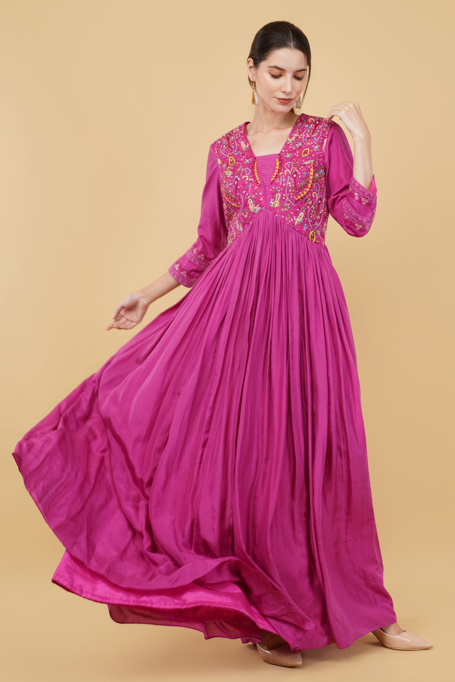 Festive Mauveish Pink Silk Anarkali with Kashmiri Embroidery on Yoke And Organza Dupatta